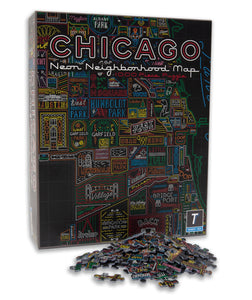 Neon Neighborhood Map of Chicago 1000 Piece Puzzle - Transit Tees